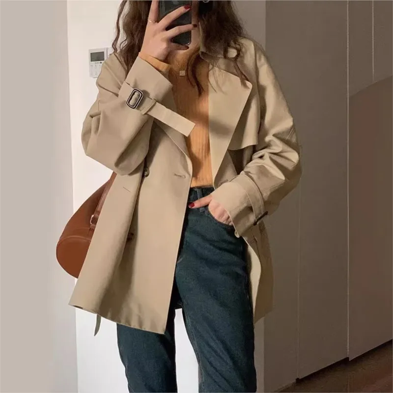 A new short trench coat for women stylish and khaki double-breasted
