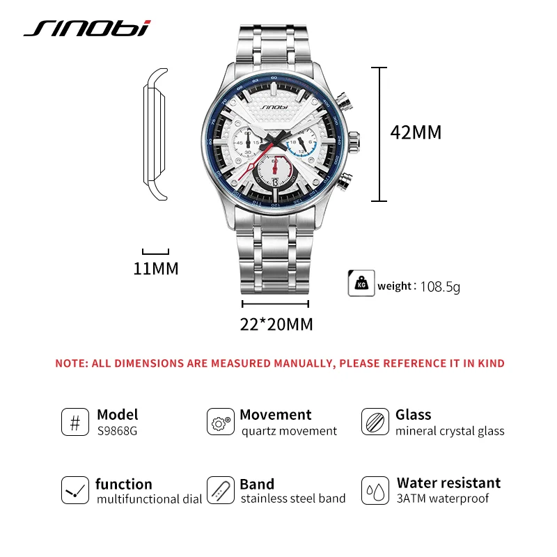 SINOBI New Arrival Fashion Mens Watches Chronograph Calender Casual Man\'s Quartz Wristwatches Luminous Hand Male Stainless Clock