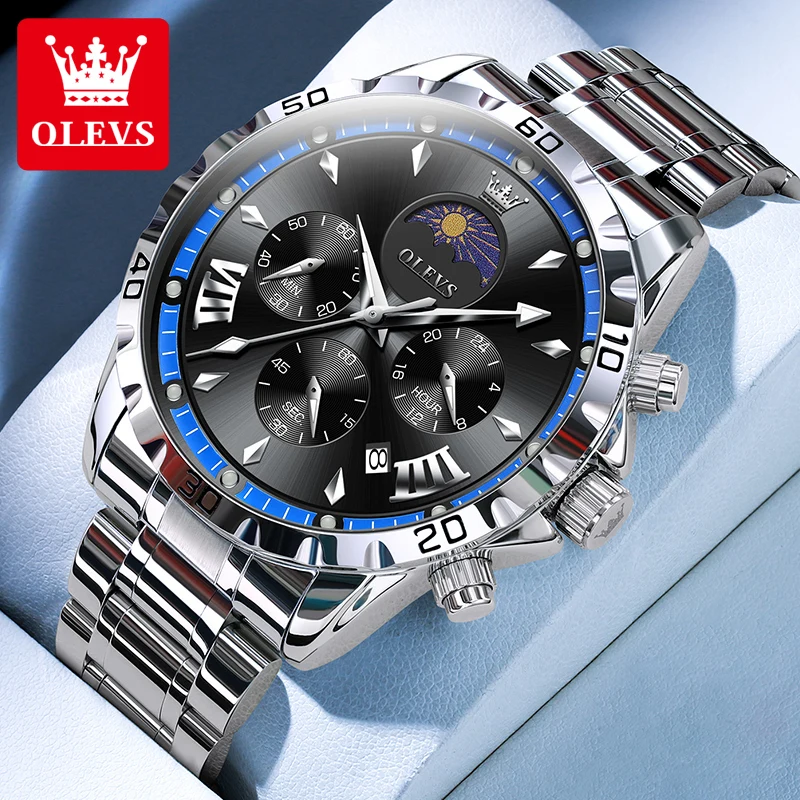 OLEVS 2949 Men\'s Watches Multi functional Chronograph Calendar Stainless steel Waterproof Luminous Male Wristwatches