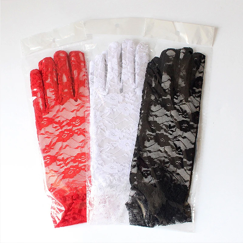 Women Sexy Lace Short Tulle Gloves Elegant Lady Lotus Leaf Sheers Gloves Ultra Thin Floral Stretchy Gloves Full Finger Mittens