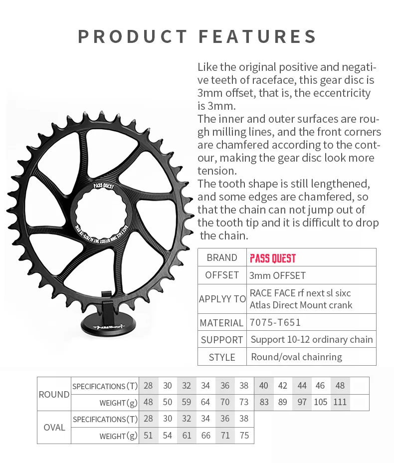 PASS QUEST Schmale Breite Kettenblätter für RACEFACE RF Next SL Sixc Atlas Serie Direktmontage-Kettenblätter Versatz 3mm Silber und Schwarz – Detail 3