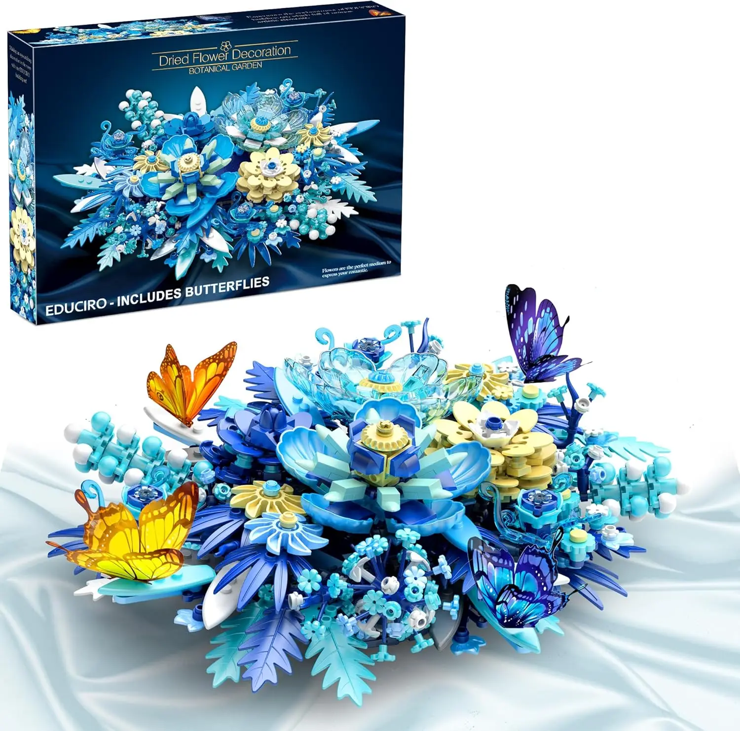 Blue Flowers Building Set, 917pcs Botanical Collection for Adults, Creative Building Block Flowers for Table or Wall Decor