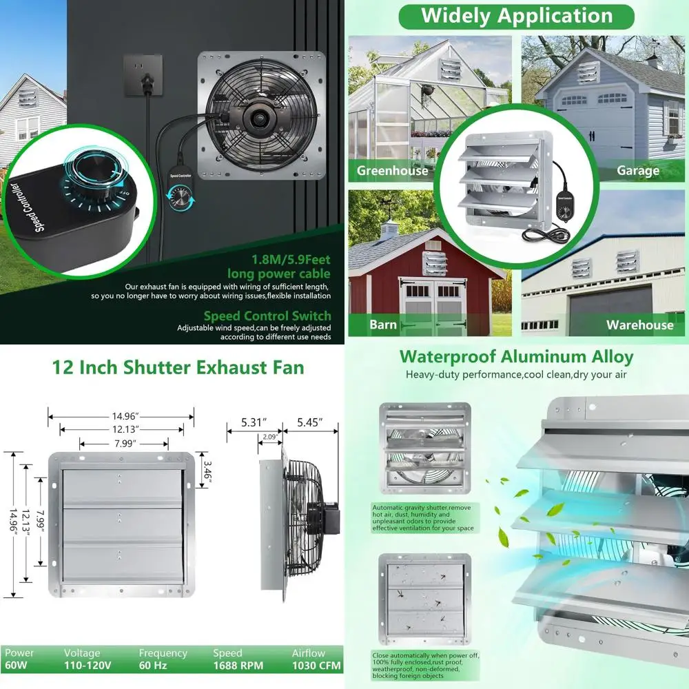 

12 Wall-Mounted Attic Ventilation Fan with Speed Control, 1030 CFM for Chicken Coops, Greenhouse, Barns, Garages, Sheds