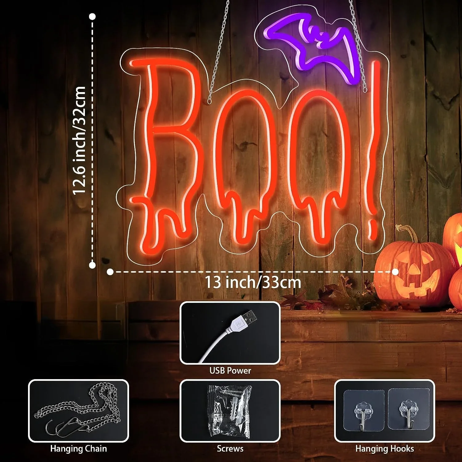 Orange Purple BOO Bat Neon Light Up Sign for Halloween Party Decor Halloween Spooky Boo Neon Sign for Trick or Treat Party Gifts