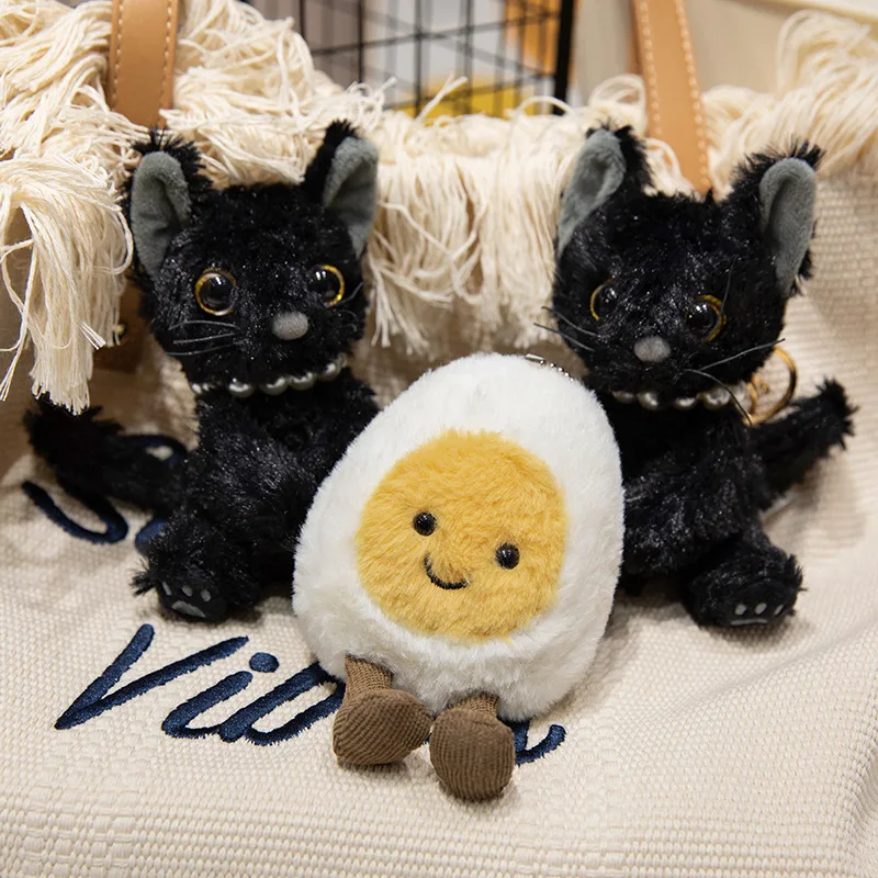 Kawaii Soft Egg Black Cat Plush Pendant Furry Cuddly Plushies Doll Stuffed Plush Toys Home Decor Kids Gift 
