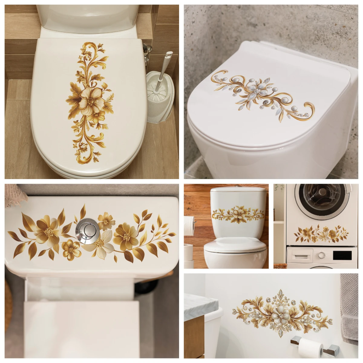 1 Pc Retro Gold Flowers Toilet Sticker WC Self Adhesive Mural Stickers Bathroom Wall Sticker Flower Home Decoration Decals