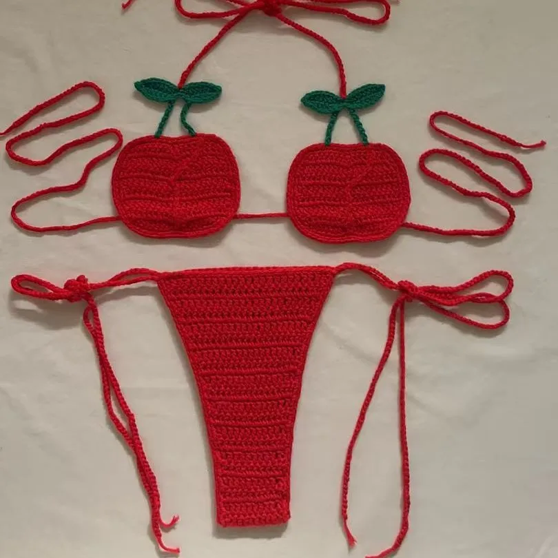 

Apple Crochet Red Bikini Set Handmade Thong Bikinis Women Sexy Mini Micro Swimwear Female Swimsuit Beach Maillot De Bain Biquini