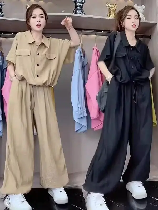 

Summer Casual Fashion Set Women plus Size Loose Covering Short Sleeve Top Wide Leg Pants Comfortable plus Size Outfit Ensemble