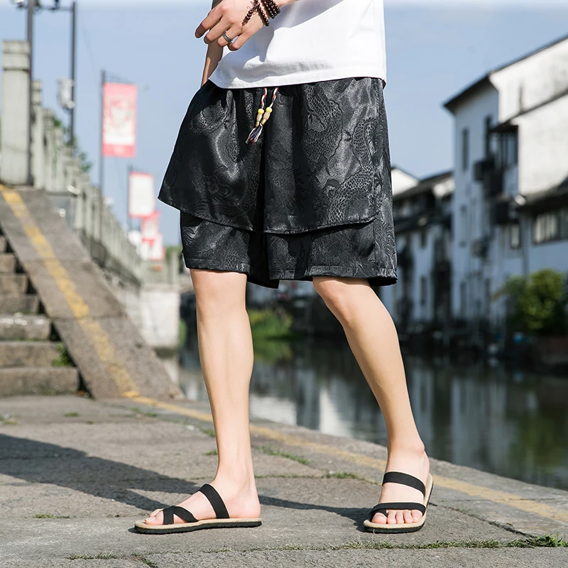 

Ice Silk Men's orts Summer Thin Qui Dry Casual Loose Straight Leg Fake Two-Piece Five-Quarter Mid-Pants Breathable Comfor...