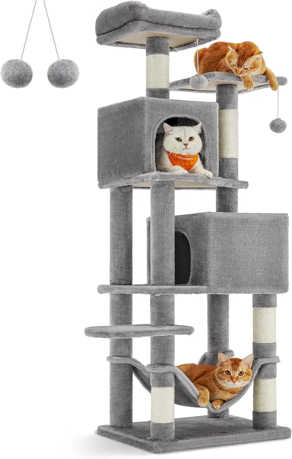 

61 inch indoor cat tower, plush multi story cat apartment with 5 grab pillars, 2 habitats, 2 caves, hammocks, and 2 fluffy beds