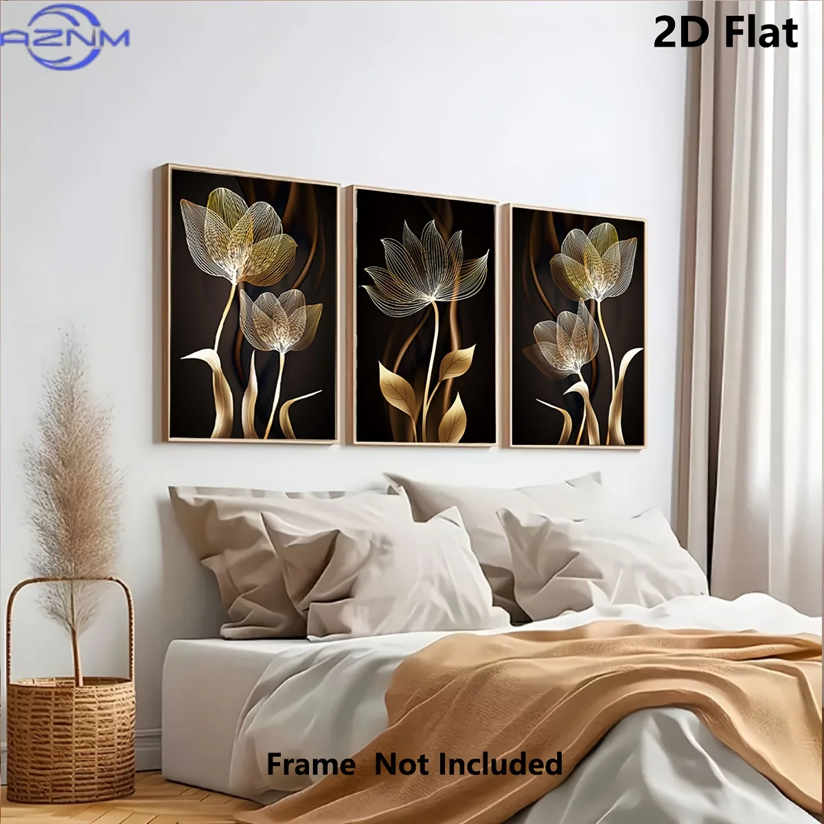 3pcs, Black and Golden Flower Wall Art Canvas Painting for Living Room Decor - Modern Abstract Design, No Frame Required