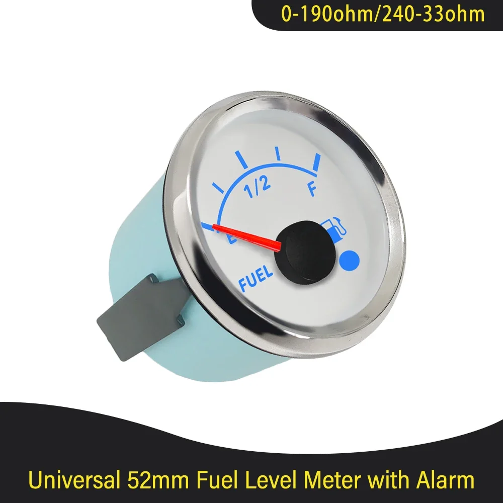 Newest 52mm Fuel Level Gauge Meter 0-190ohm 240-33ohm with 8 Colors Backlight and Alarm for Van Ships Truck Universal 9-32V