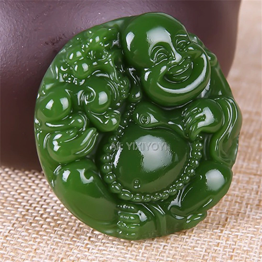 Trendy Green Jade Carved Chinese Laughing Buddha Lucky Pendant Amulet Necklace Vintage Handmade Stone Jade Party Jewelry Gift