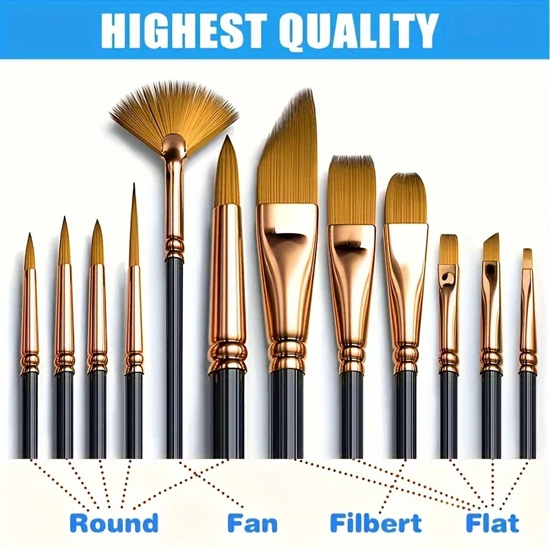 12 Pcs Black Paint Brushes Set, Nylon Hair Artist Detail Brush, Suitable for Painting Studio or School, Oil , Watercolor