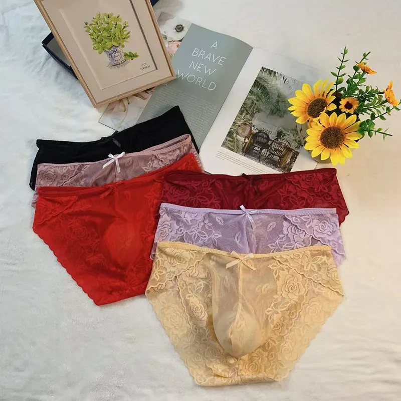 Men Sexy Underwear High Fork Lace Lip Printed Panties Transparent Temptation Briefs Seamless Nude Underpants Sissy Feminization