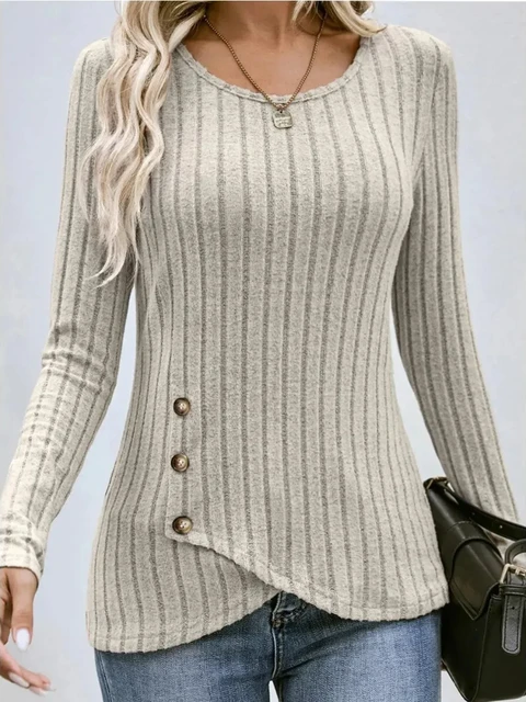 Jesienno-zimowa koszulka z długim rękawem i okrągłym dekoltem Moda damska Casual Nieregularny jednolity kolor Street Style Przyciski Pullover Tshirt Nowość