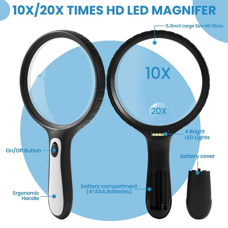 High Brightness LED Light Magnifying Glass, 10X 20X Handheld Magnifier For Elderly Readers
