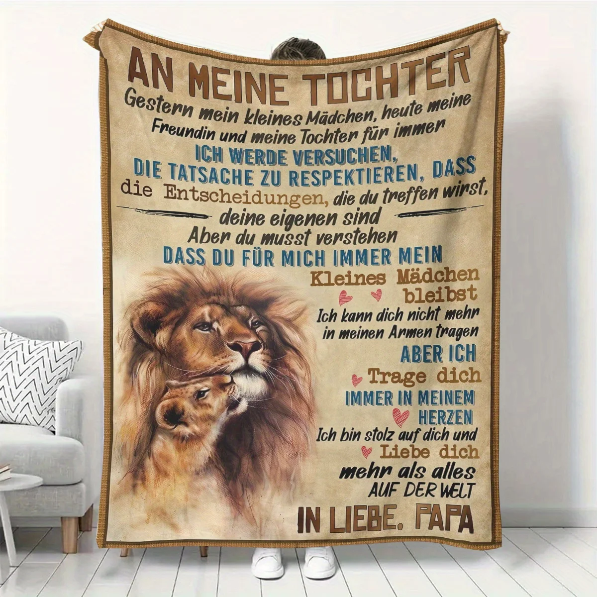 1pc Dad to Daughter Flannel Blanket - Soft Warm All-Season Throw with German Father-Daughter Love Message & Lion Design, HD Digi