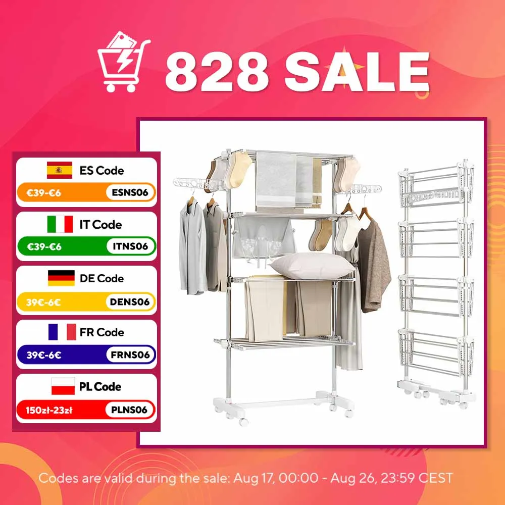 HOMCOM-Tendedero Plegable, 4 Niveles con 6 Ruedas, Estantes de Acero, 80-142x55x172 cm