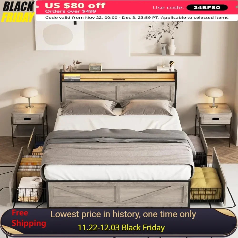 Full Bed Frame with Charging Station & 4 Drawers，Metal Bed Frame with Headboard USB Ports Outlets，Noise Free，LED Bed Frame