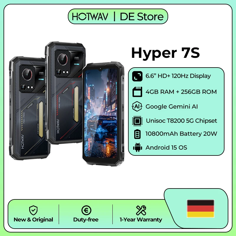 HOTWAV Hyper 7S 6,6'' 120Hz Display Robustes Smartphone Gemini Android 15 10800mAh Großer Akku 20W Schnellladung Mobiltelefon 5G Globale Version 4GB 256GB Smartphone Dynamisches RGB-Licht Handy Mit