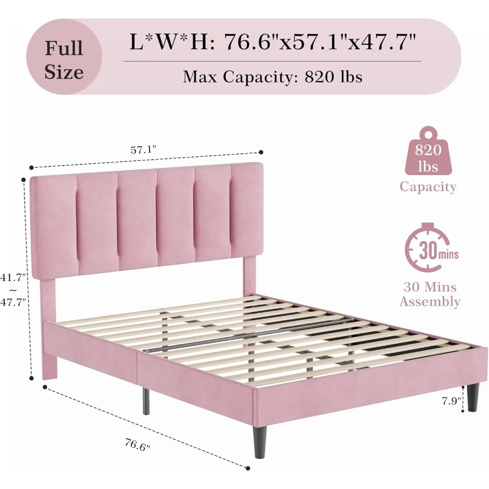 Full Bed Frame with Upholstered Headboard, Heavy-Duty Platform Bedframe with Strong Wooden Slats Support, Pink