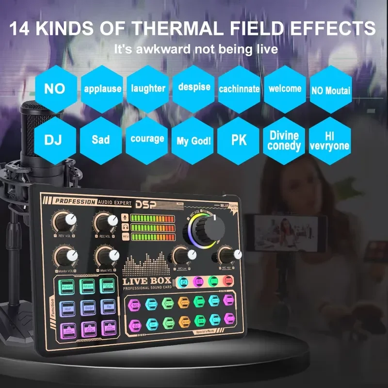 BOLRZO Hot-selling V9 sound card podcast desktop recording music full set microphone live sound card with monitor earphones
