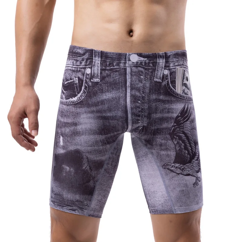 Mens Boxerกางเกงขาสั้นพิมพ์Jeanชุดชั้นในกางเกงชายMan Breathable Ice Silk Uนูนกระเป๋ากางเกงCueca Calzoncillo L-4XL