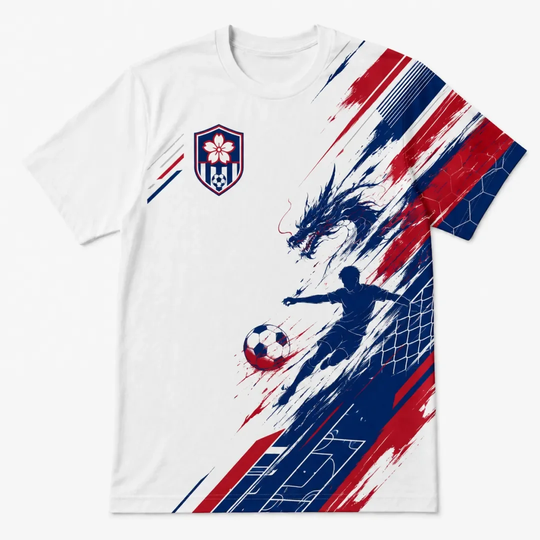 White Football Jersey, Red and Blue Dragon Patterned Football Player Print, Cherry Blossom Badge, Sports Short Sleeved T-shirt