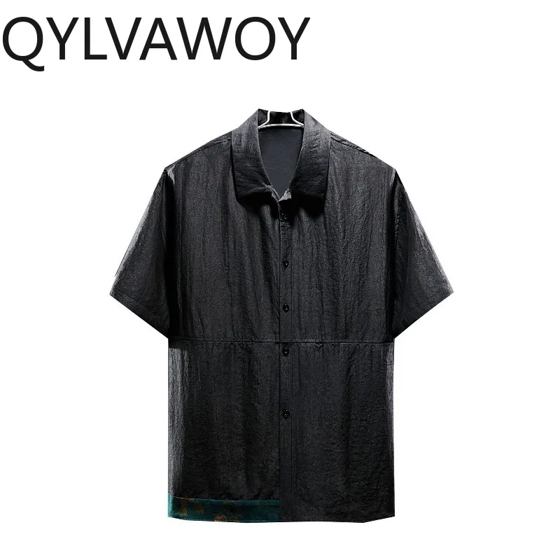 QYLVAWOY 100% Natural Mulberry Silk Shirts for Man High Quality Watered Gauze Short Sleeve Shirt Men Clothing Crack Texture Top