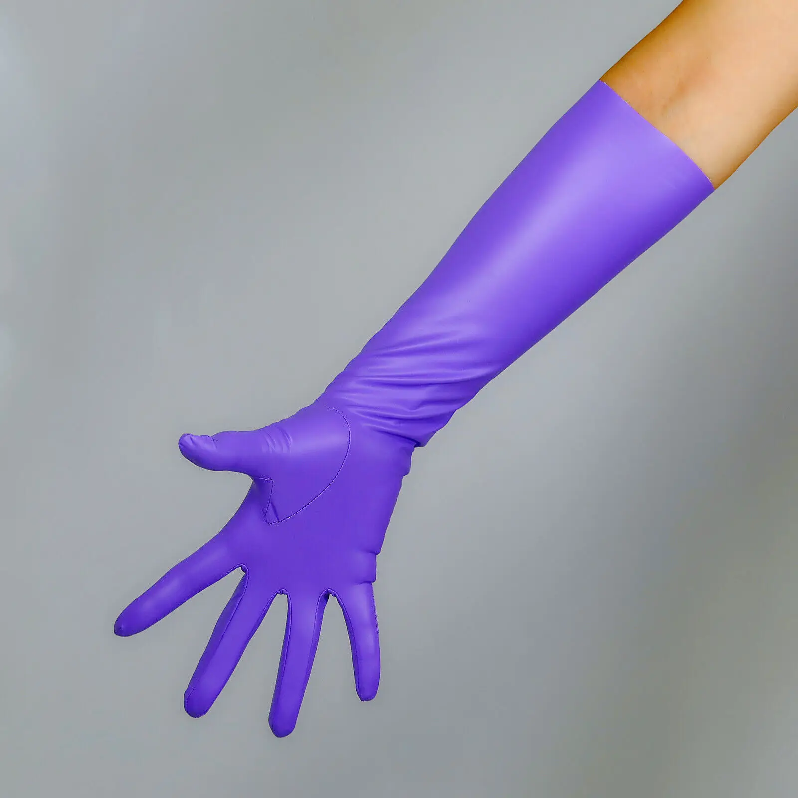 Elbow LONG Purple GLOVES 2nd Skin Extra Thin Faux Leather LATEX Like Rubber 40cm FITTED Evening Opera Party Fashion Cosplay