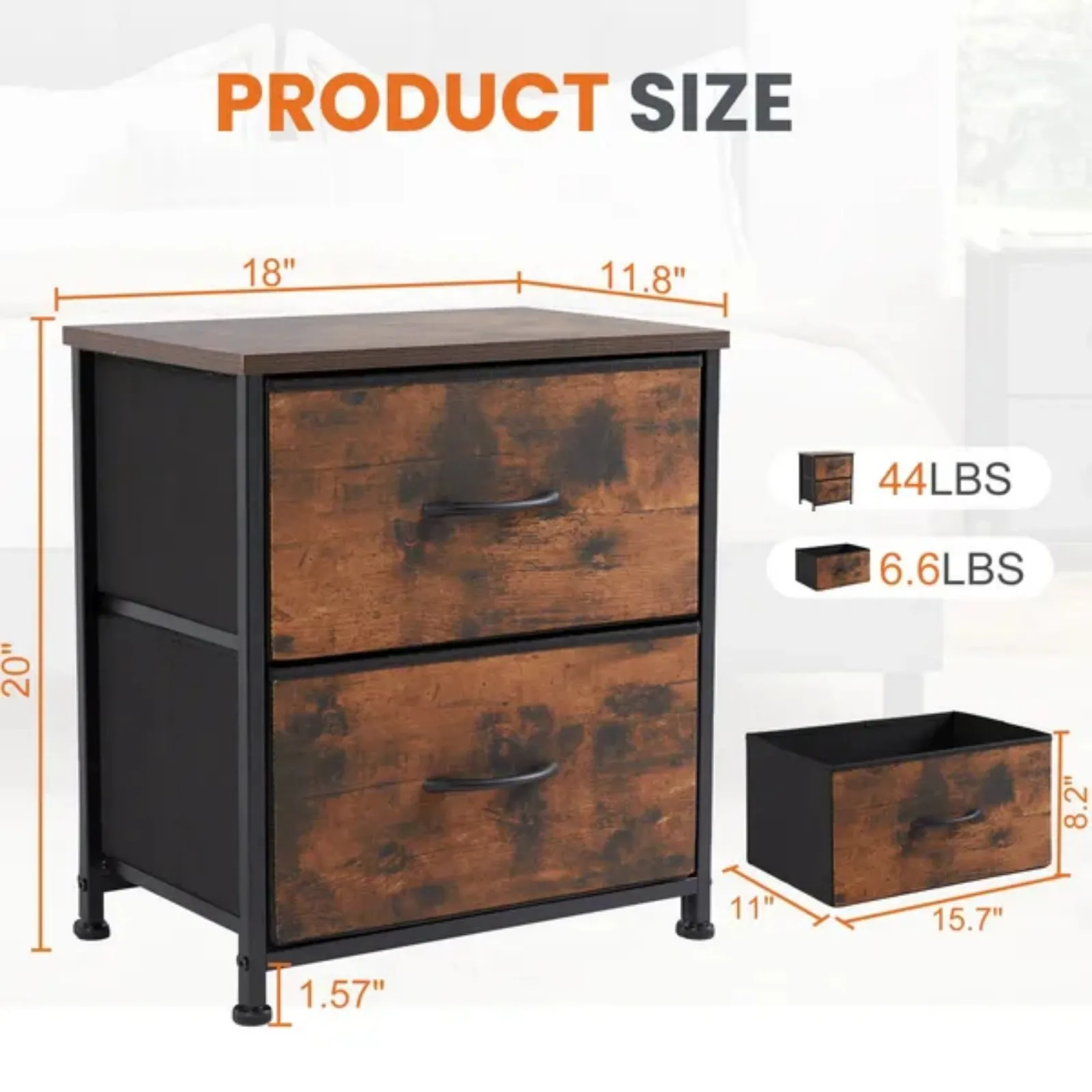Nightstand End Table Side Table with 2 Fabric Drawers Bedside Table for Bedroom Closet, Dorm Rustic Brown