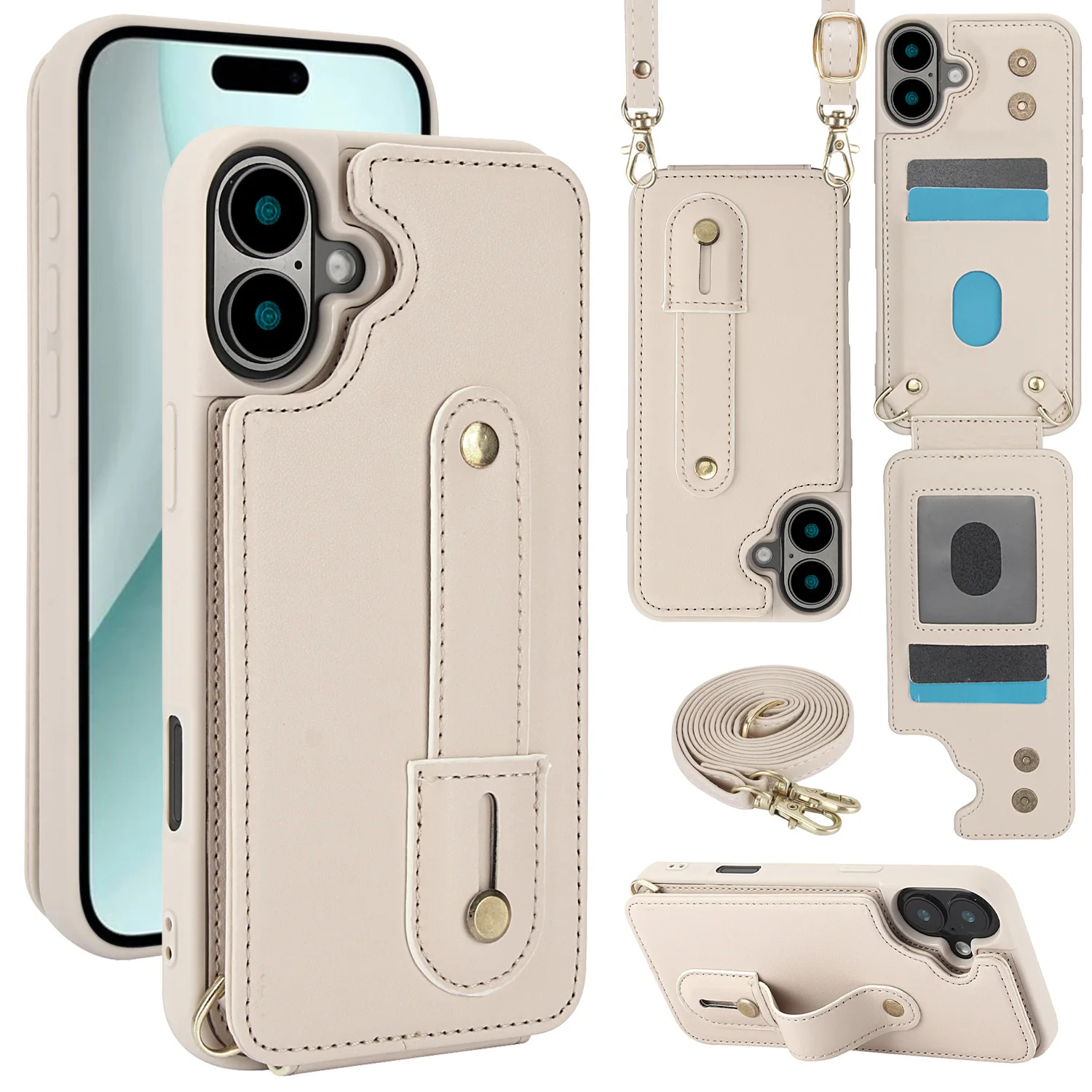 Wallet Shoulder Strap Case for iPhone 17 Pro Max 13 11 12 14 15 16 Pro Max 16 Plus Wristband Leather Card Pocket Lanyard Cover