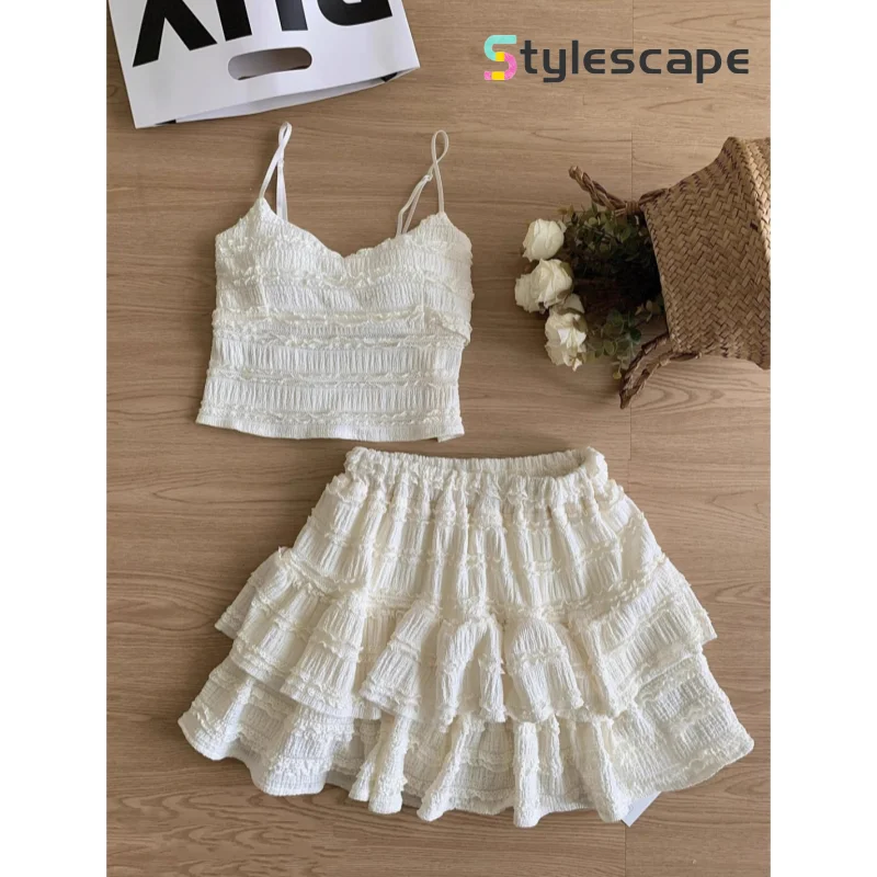 

Ballet Style Fluffy Short Skirt Women's Summer Lace Suspender Vest Design, Half Skirt Pure Desire, Sweet and Spicy Two-piece Set