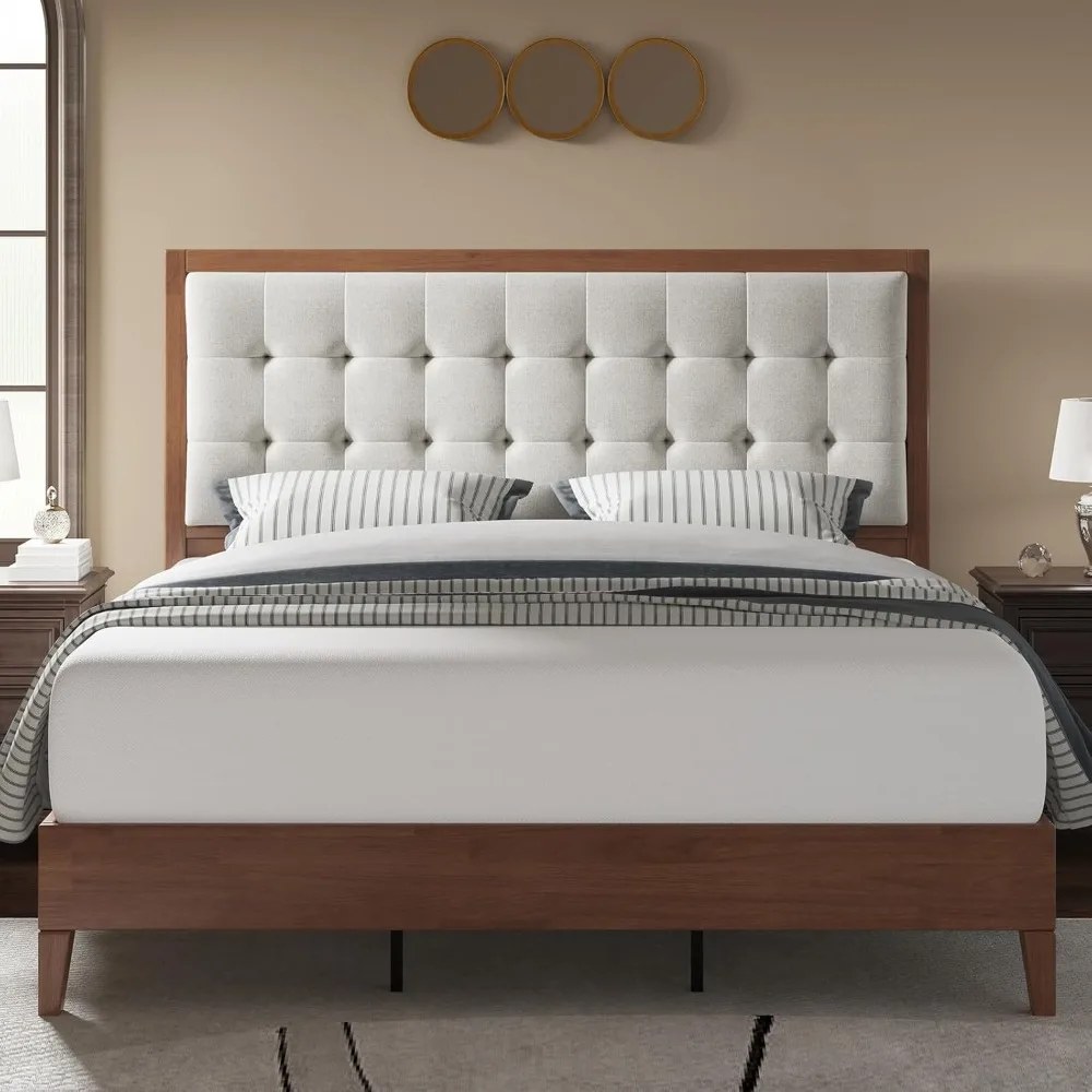 

Wood Platform Bed Frame King Size Upholstered Tufted Headboard/Solid Wood Beds No Box Spring Needed, Bed Frames