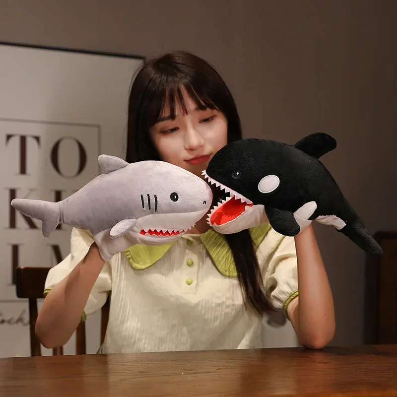 Coccodrillo Squalo Killer Whale Peluche Marionette a mano Realistici Pesce tropicale Pinguino Polpo Marionette a mano per bambini Adulti Muppets