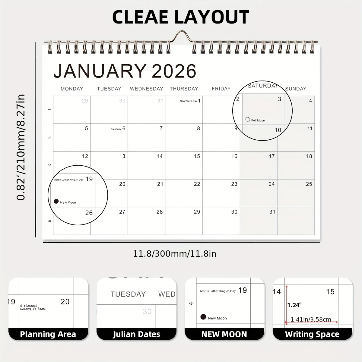 

A4 Large Grid Calendar Black and White Wall Mounted, 18 Months with Moon Phase Markings and Important Holiday Labels