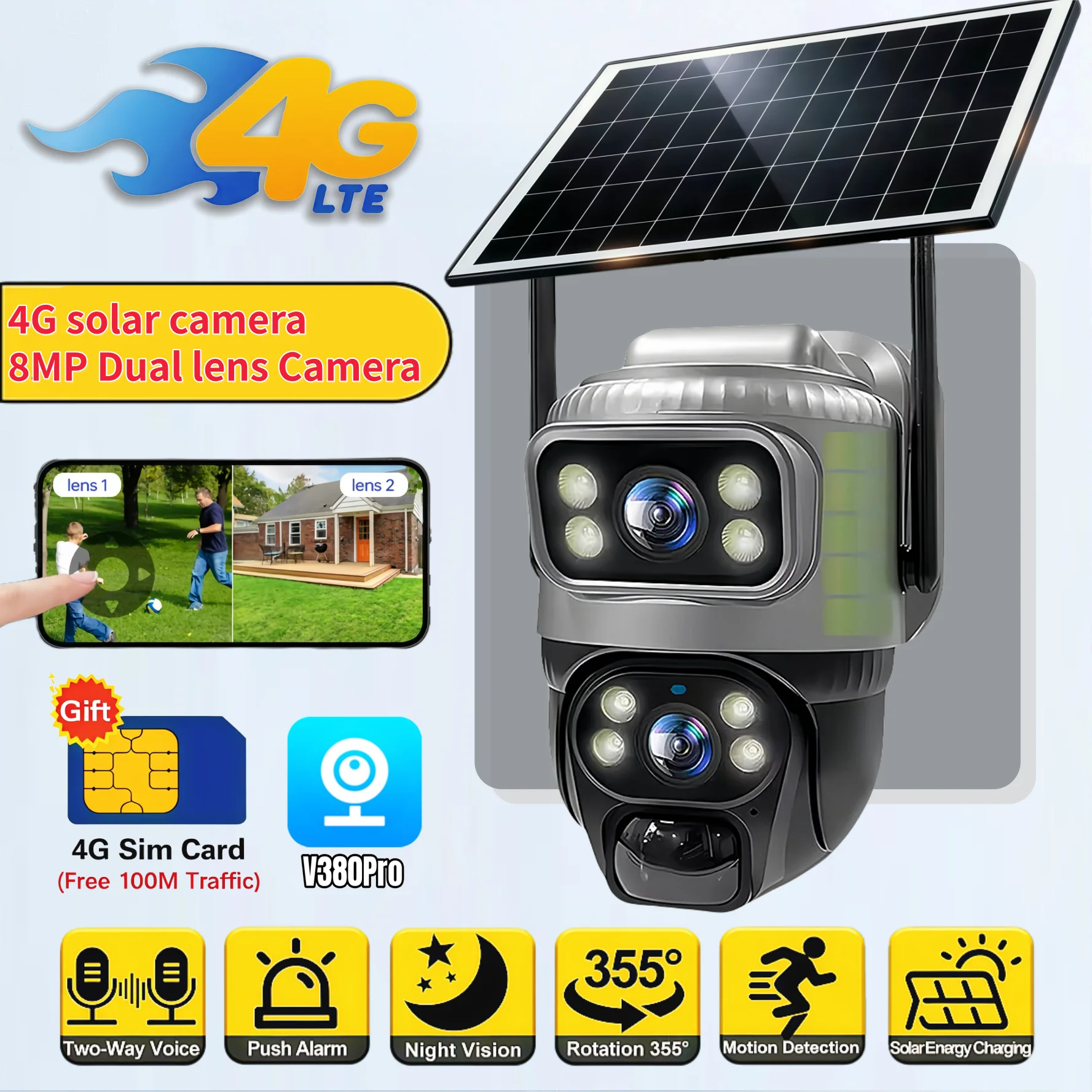 Caméra de sécurité solaire V380 8MP 2K 4G, caméra IP PTZ sans fil extérieure à double objectif, détection humaine par IA, vision nocturne, étanche, surveillance CCTV