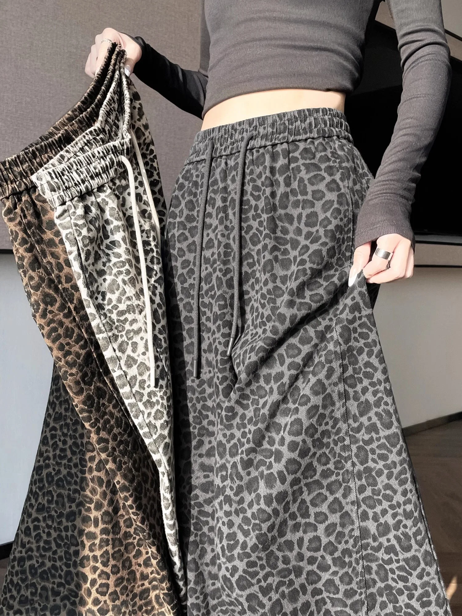 Retro Leopard Print Washed Cotton Wide Leg Pants Women's High Waist Loose Fit Straight Cut Sports Trousers Spring Autumn New ...