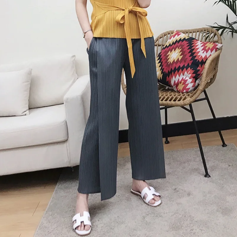 

ALSEY Miyake Pleated High Waist Split Side Straight Pants Women Loose Cropped Trousers Spring Summer Autumn 2023 New