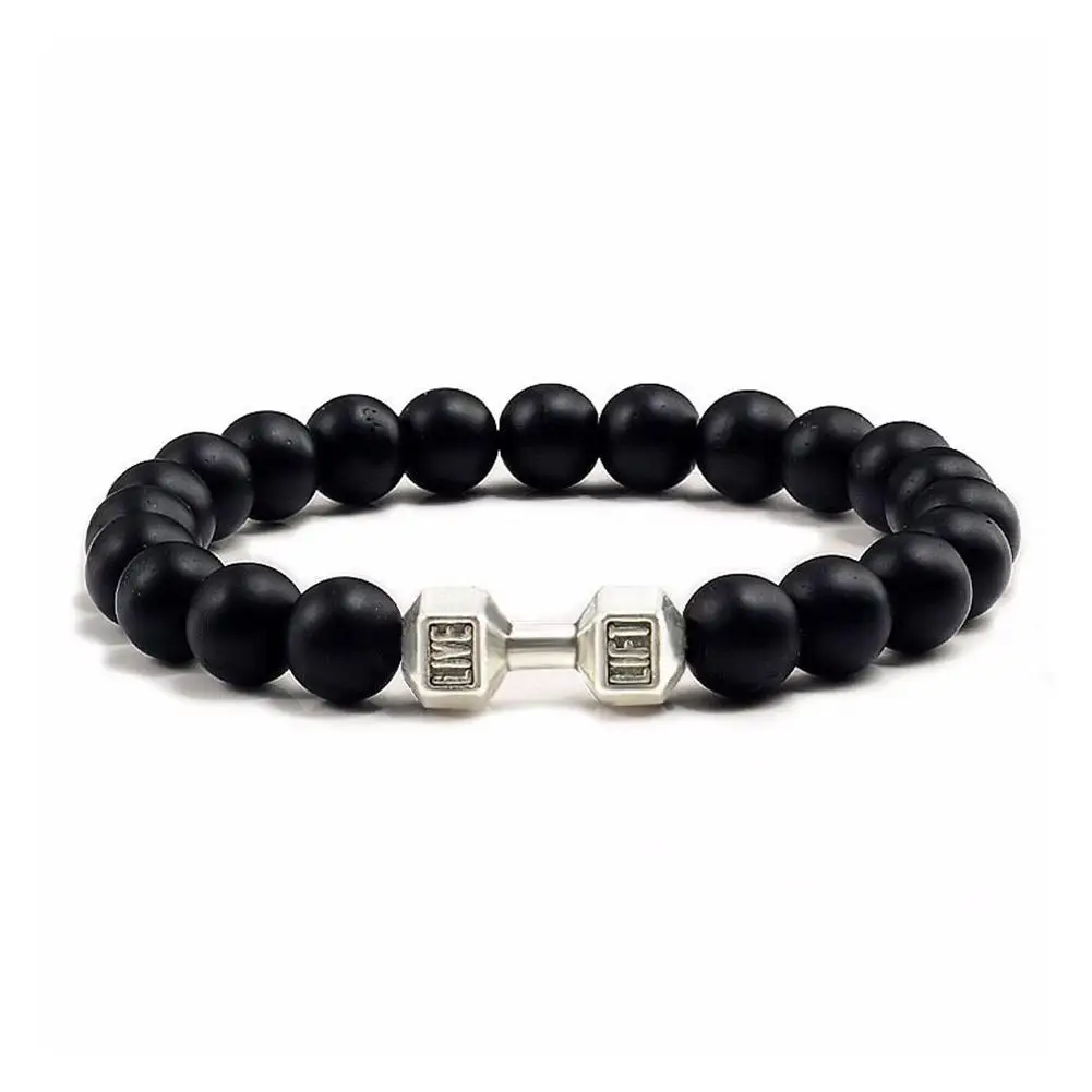 19mm Natural Black Volcanic Lava Stone Dumbbell Bracelet Black Matte Beads Bracelets For Women Men Fitness Barbell Jewelry T9o0