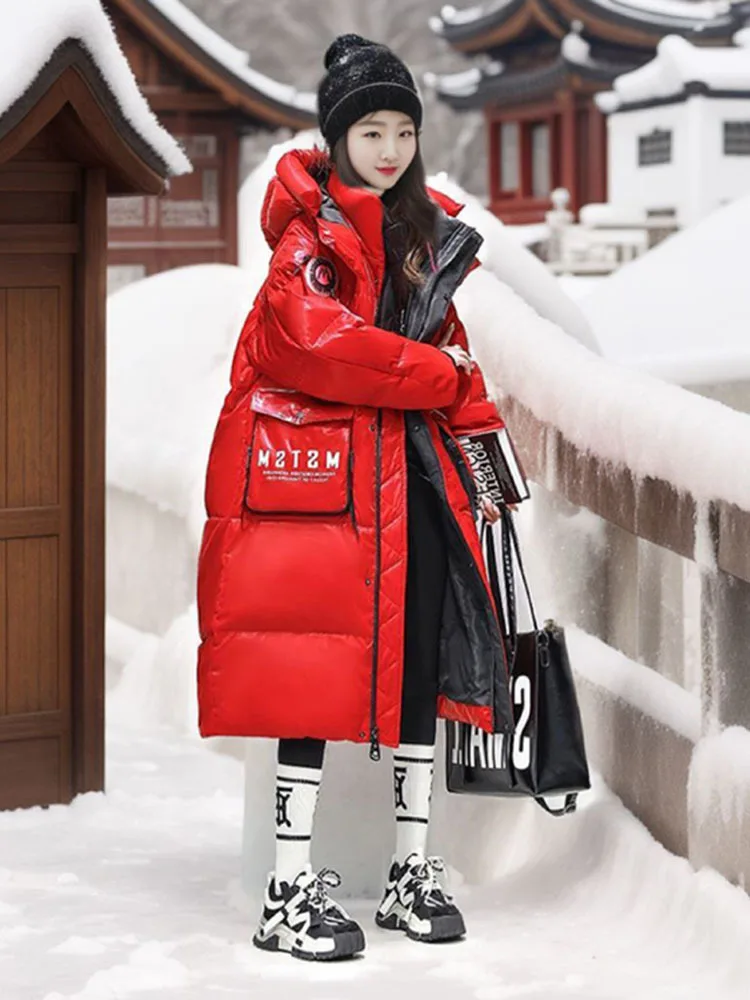 Long Down Jacket Winter Women Clothing Free Shipping Thicken Hooded Down Coat Warm Big Pockets White Black Red Outerwear Puffer