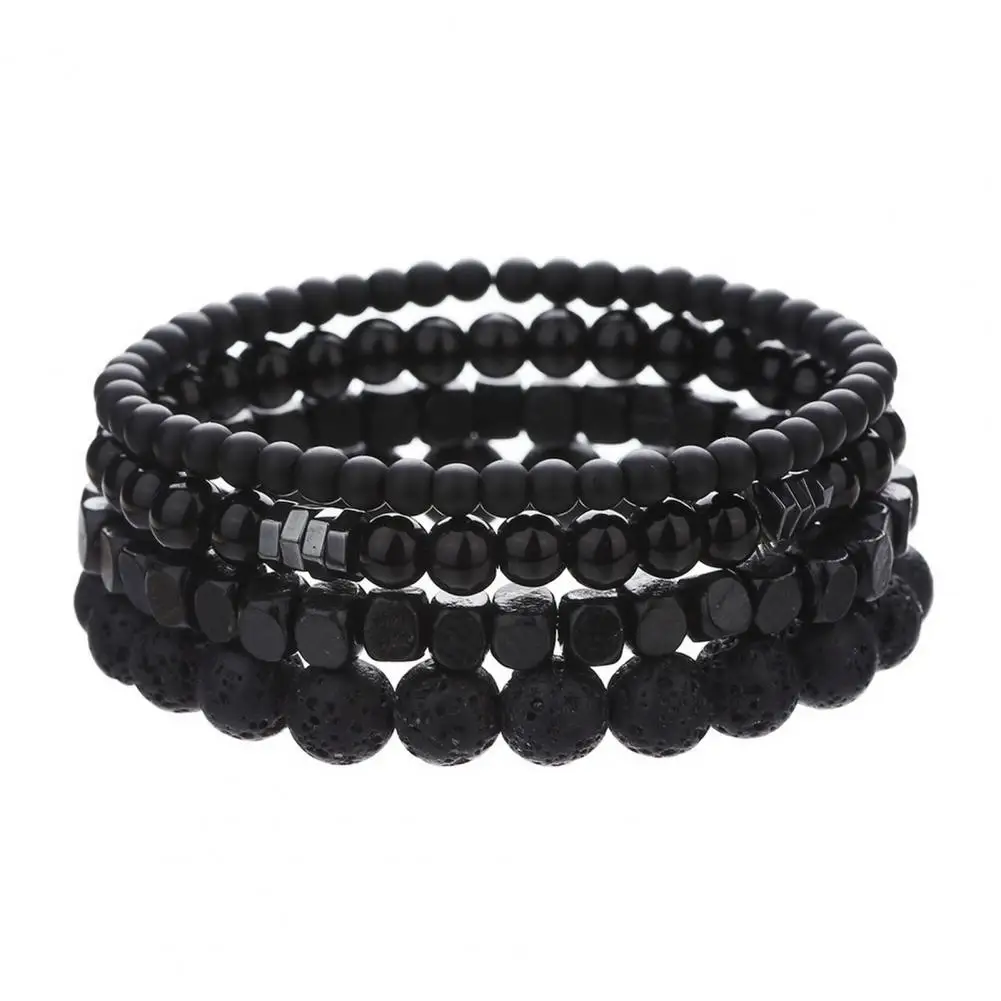 Volcanic Stone Jewelry Men's Natural Stone Black Bracelet Set Adjustable Multi-layered Elastic Rope Wrist Jewelry for Adults