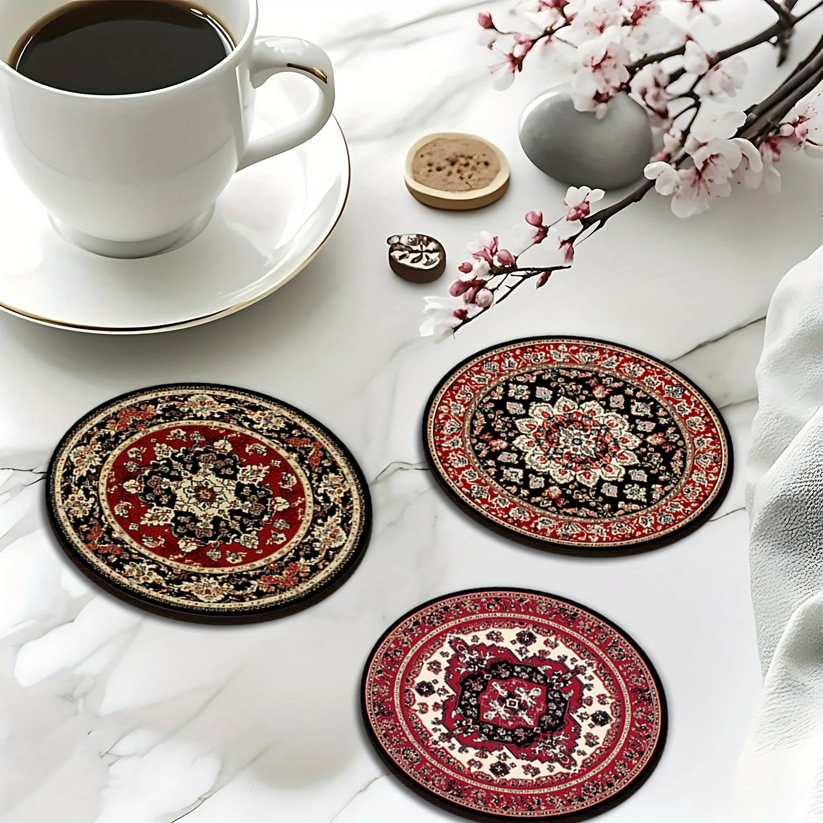 6pcs 2DTraditional Floral Flat Wooden Coaster Anti-Slip Heat-Resistant Home Office Party Great Tabletop Decorative Item Artworks