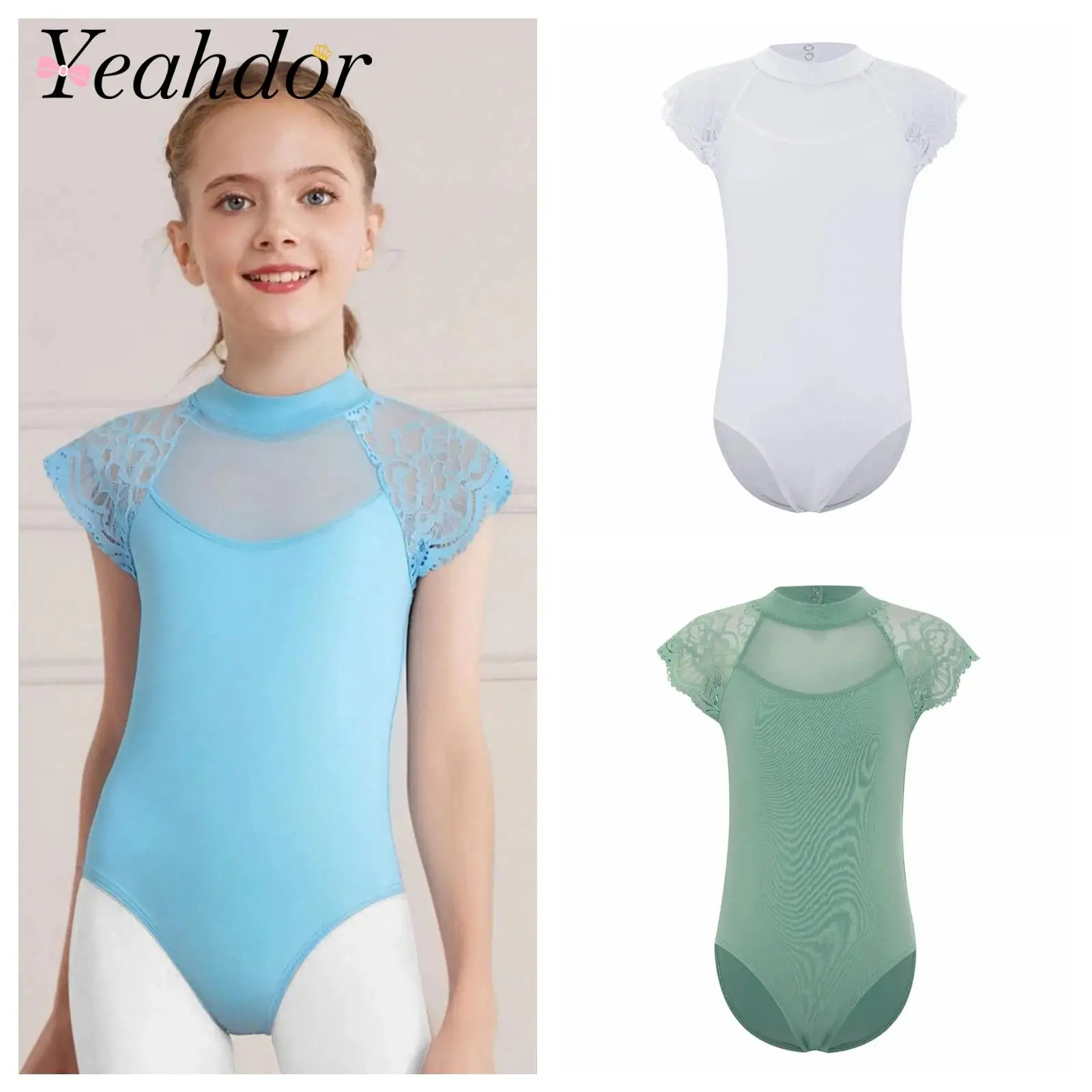 Girls Gymnastics Leoatrds Children Yoga Bodysuit Lace Cap Sleeves Ballet Dance Leotard Ballerina Sheer Mesh Cutout Skaitng Tops
