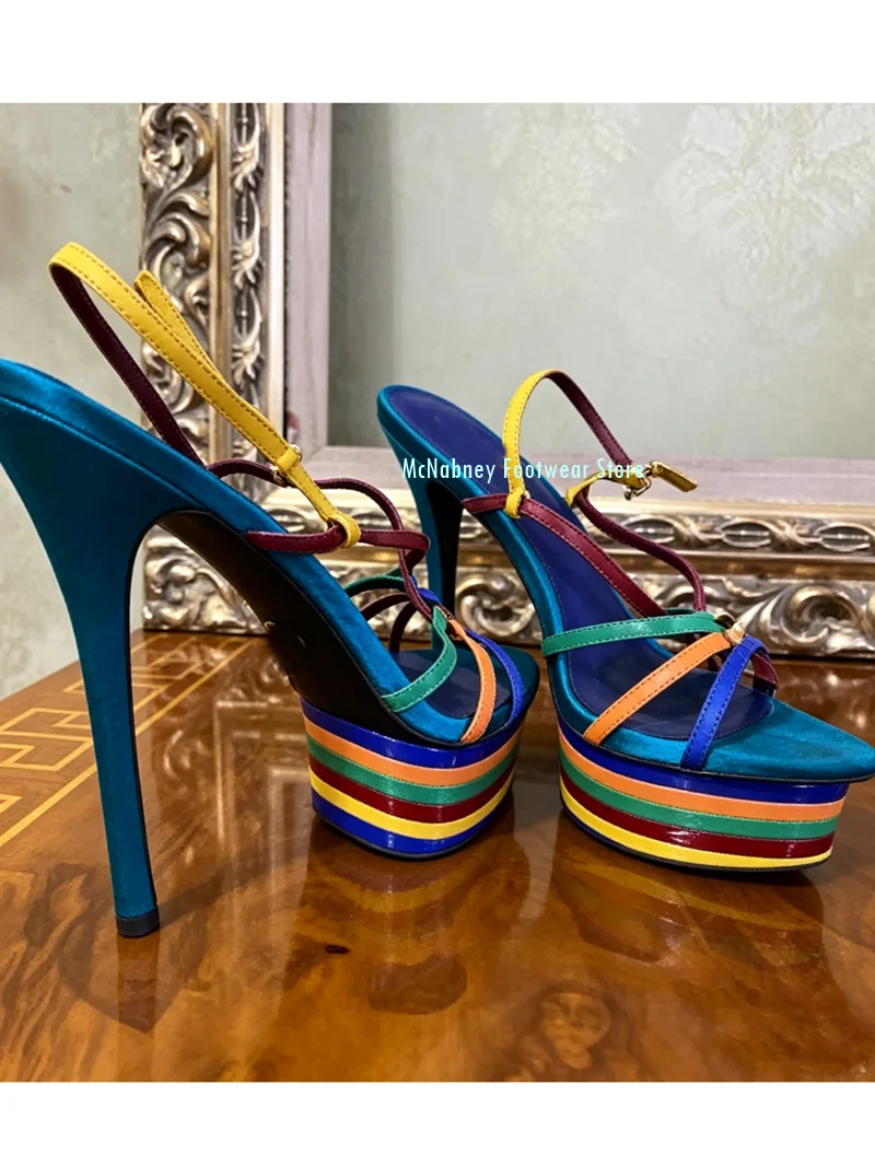 Sexy Pointed Open Toes Waterproof Platform Stilettos Sandals Rainbow Colors Thin Strap Combination Women's Banquet Shoes