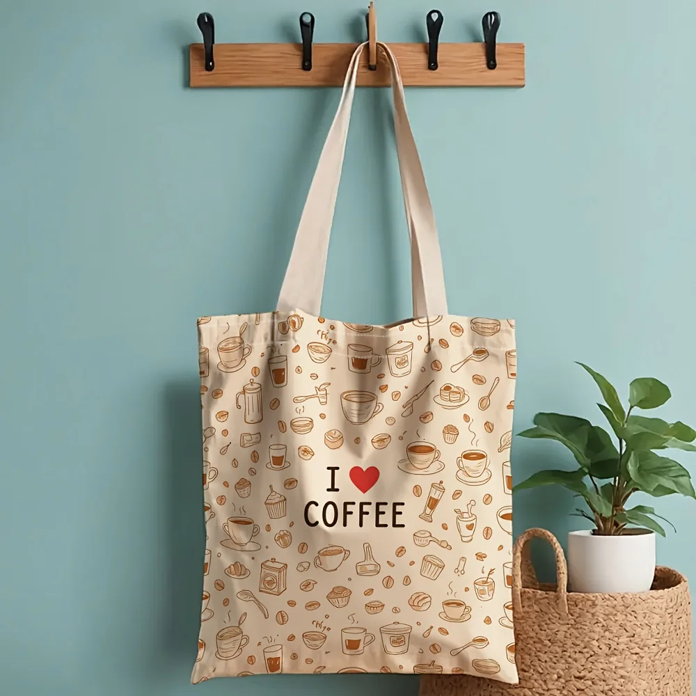 A Coffee Pattern Print Canvas Tote Bag, Suitable For Daily Use, Shopping, School, And Travel