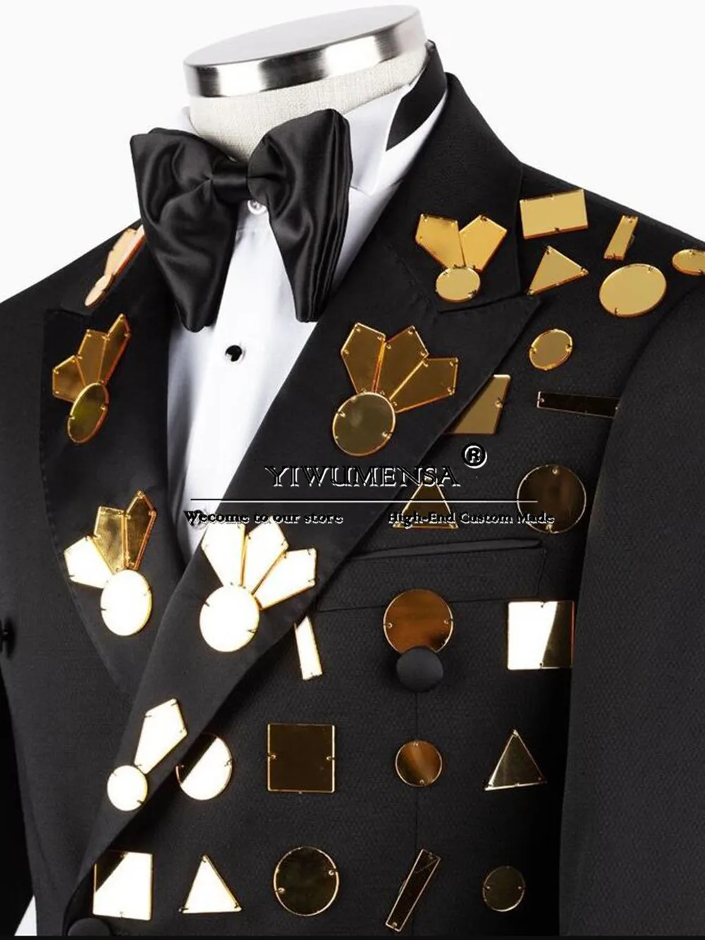 Man Fashion Groom Wedding Suits Tailor-made Double Breasted Gold Mirror Decorated Jacket Pants 2 Pieces Men's Tuxedo Clothing