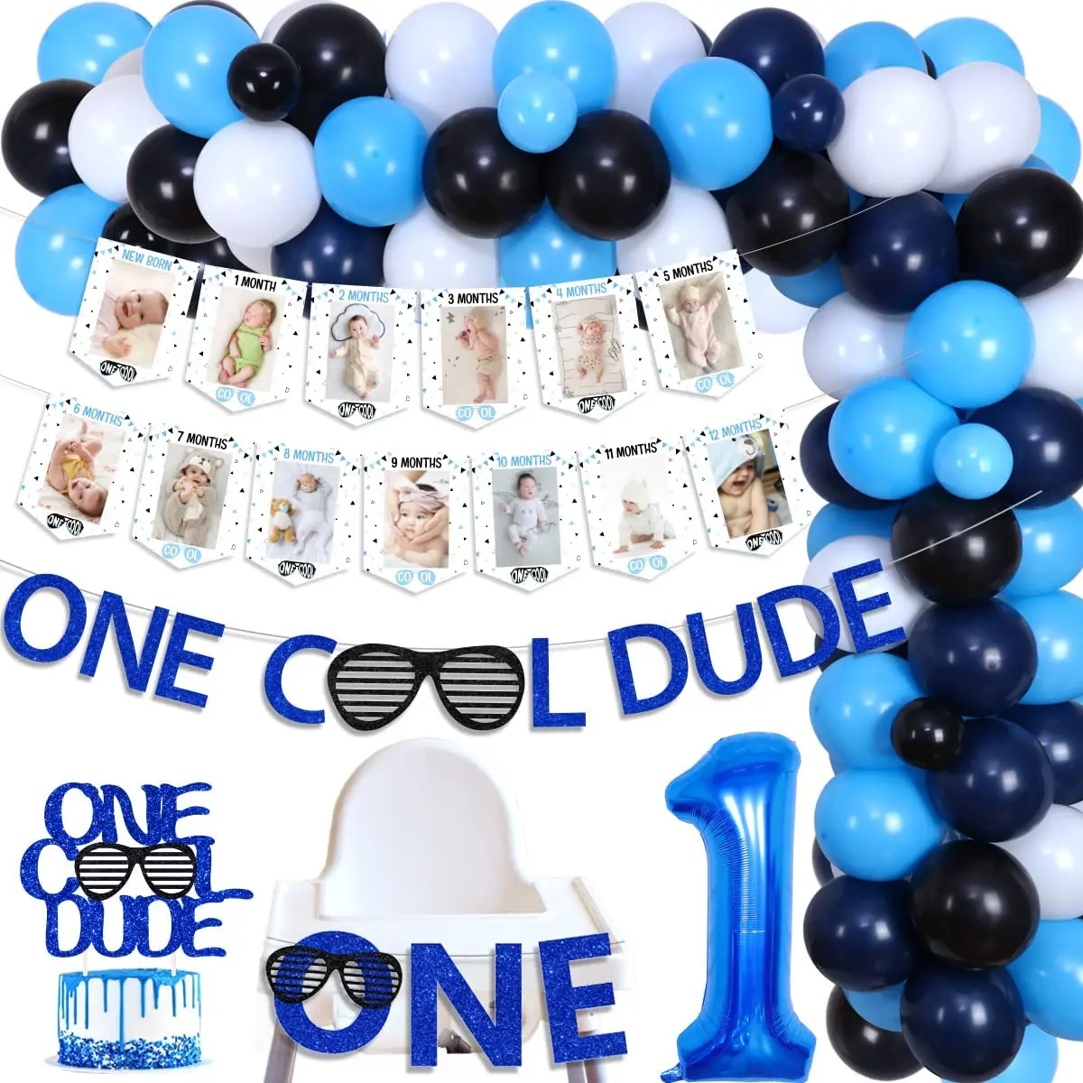 First Birthday Party Decoration for Boys, Blue and Black Balloon Garland, One Cool Dude Photo Banner, Cake Topper, Supplies