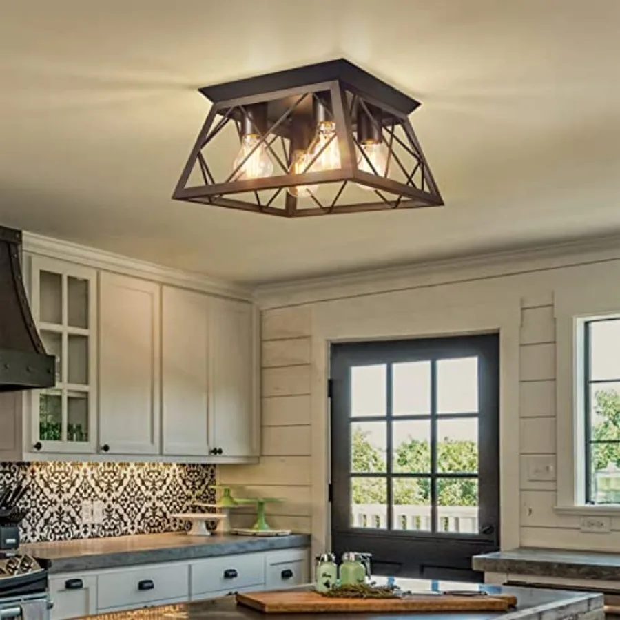 Flush Mount Ceiling Light Fixtures for Kitchen Hallway Close to Ceiling Lighting Industrial Farmhouse Square Cage Ceiling Lamp